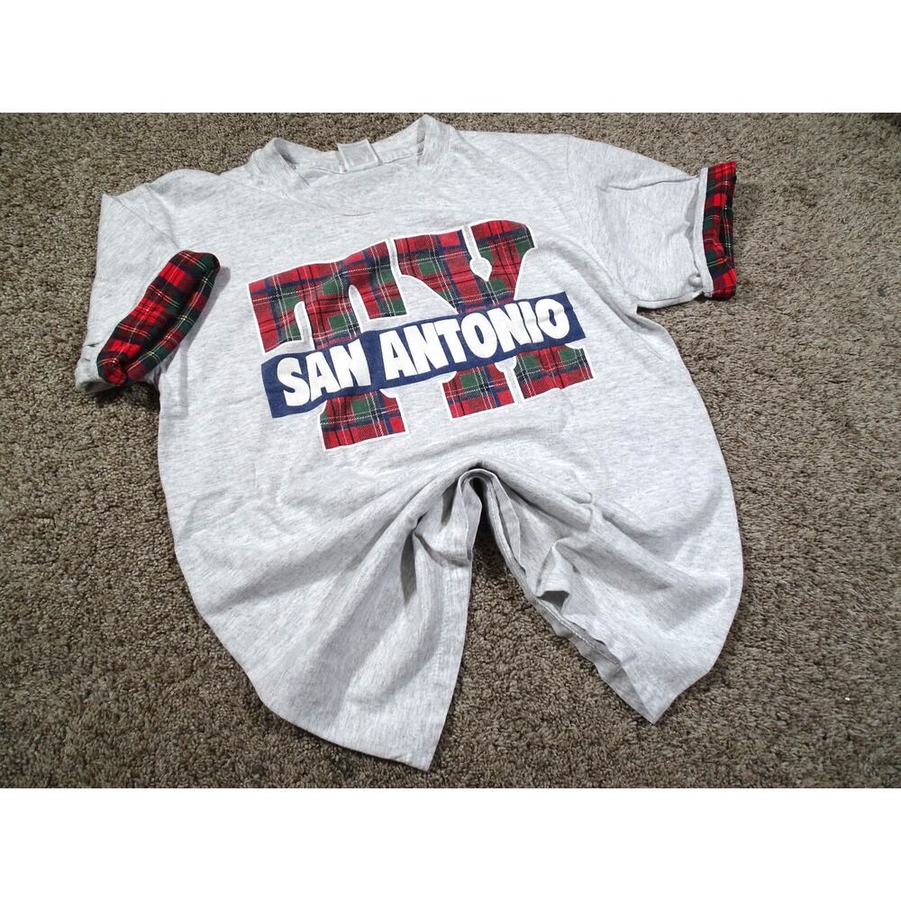 Vintage 90s San Antonio Plaid Cuffed Graphic Tee M LA Sportswear Tartan Texas